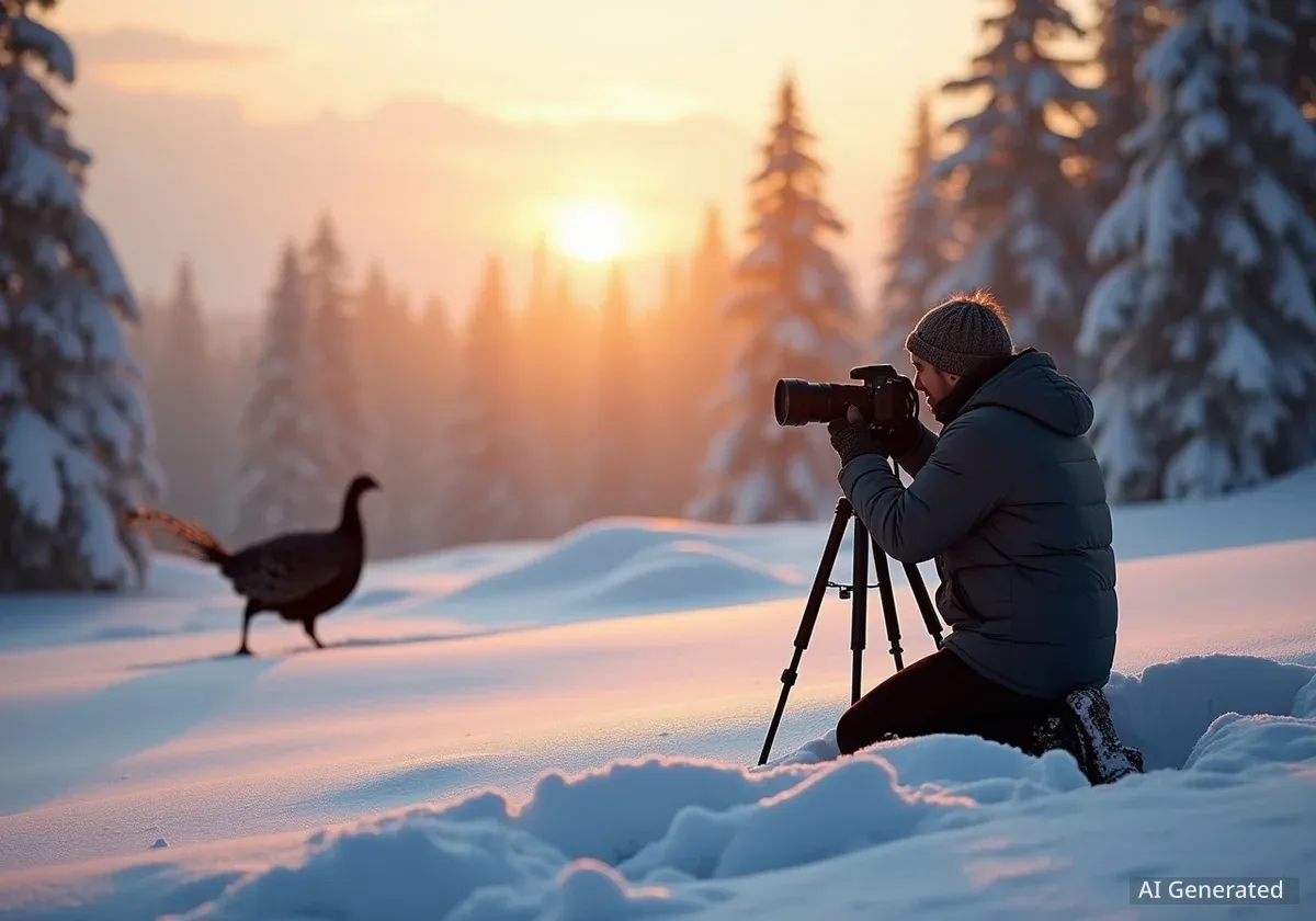 Photographer Camps in Snow for Perfect Black Grouse Image